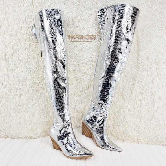 Silver Western thigh high Cowboy Boots - Picture 2 of 15